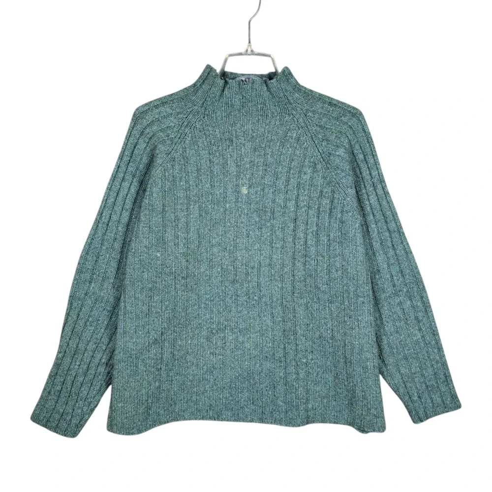 VTG 90s J.Crew Sweater Mens Large Ribbed Knit Fisherman Mock‎ Neck Raglan Green